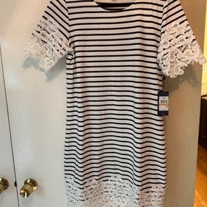 Tommy Hilfiger Navy and White Striped Dress with Lace Trim S/P NWT